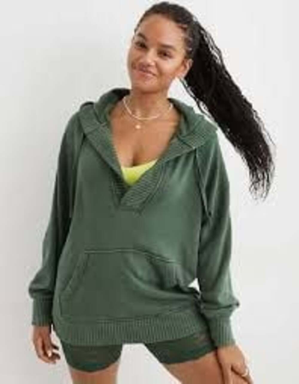 Aerie Olive Green Ribbed V-Neck Hoodie Sweatshirt